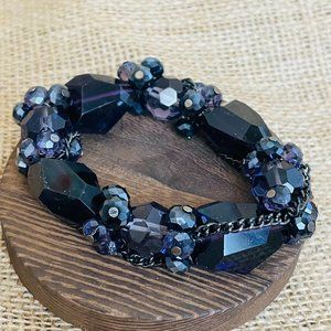 Chunky Dark Purple Glass Crystals Beaded Stretch Bracelet OS